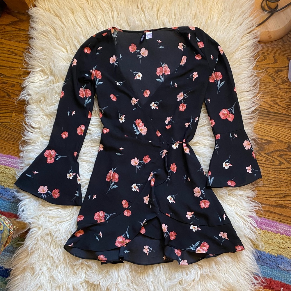 Black Floral Printed Long Sleeved Mini Dress H&M